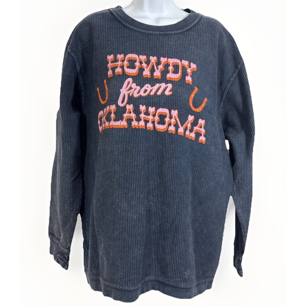 "Howdy From Oklahoma" Corduroy Distressed Texture Graphic Sweatshirt SZ L